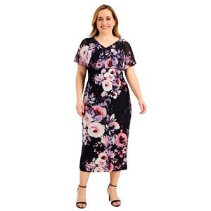 Connected Apparel Floral Cape Sleeve MIDI Dress Navy Mauve Size 12 Short Sleeve